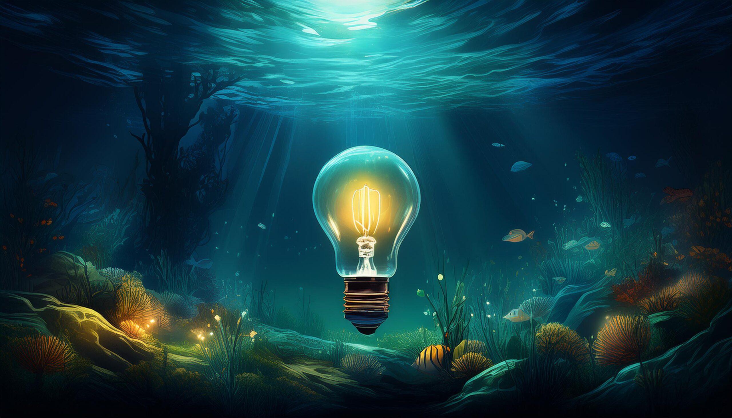 Firefly Illustration- Dunkle Unterwasserlandschaft und unten ist eine angeschaltete glühbirne 57665
